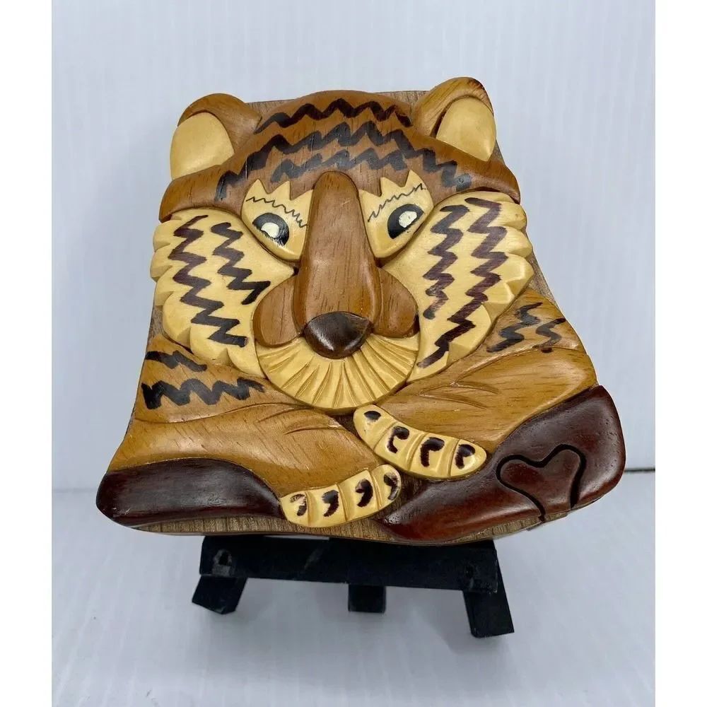 Hand Painted And Hand Crafted Tiger Shaped Puzzle Trinket Box With Red Velvet